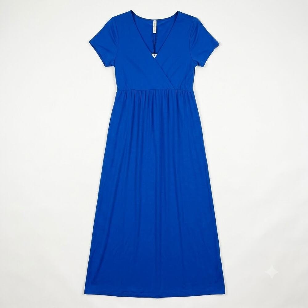 MOTHER BEE Empire Wrap Maternity Dress Blue Stretch Jersey Knit Womens Medium